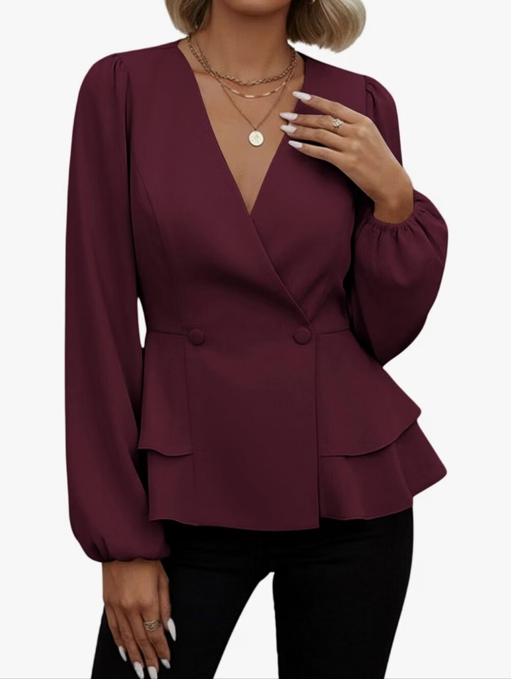 Elegant Women's Burgundy Wrap Peplum Blouse